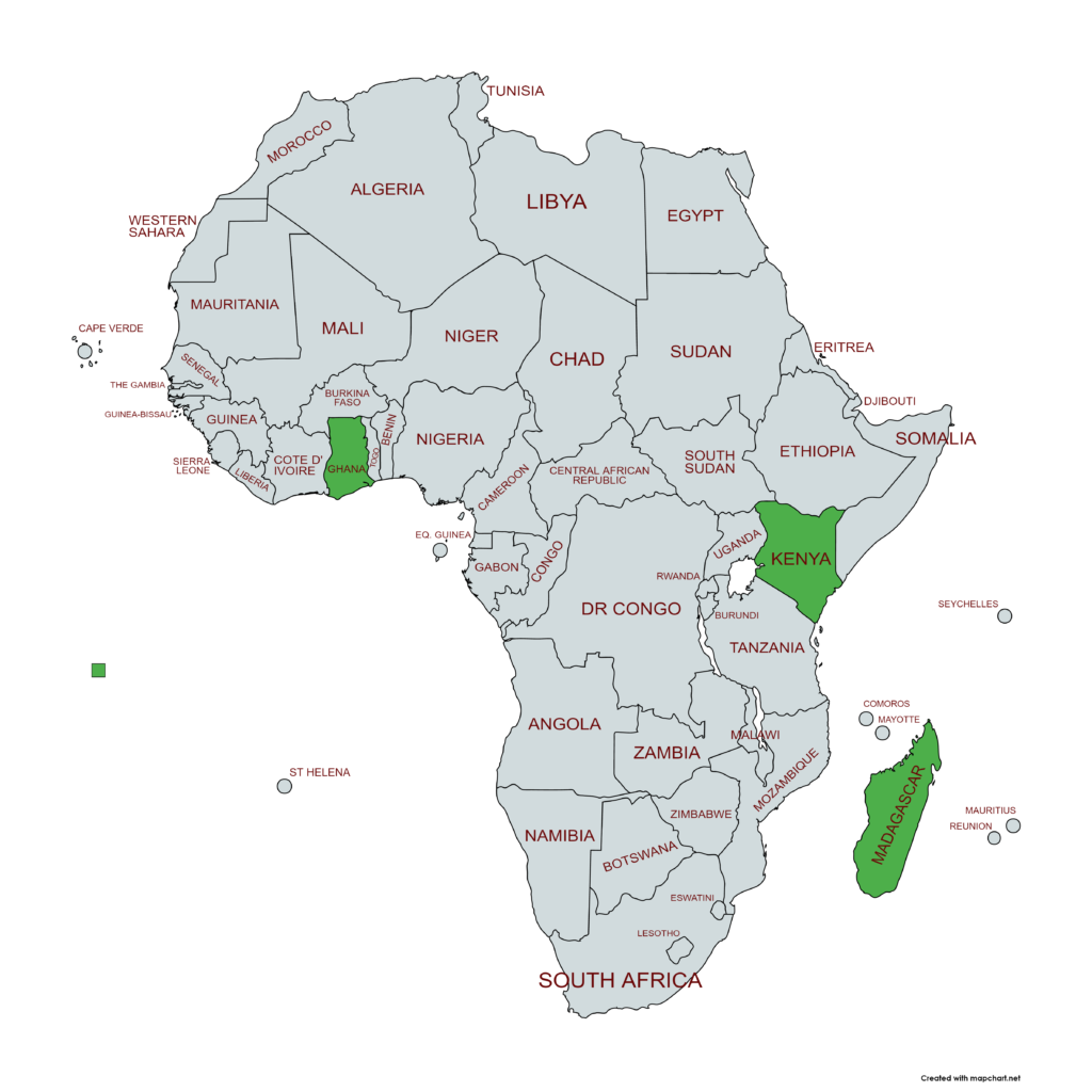 Map of Africa with the countries Madagascar, Ghana & Kenya highlighted