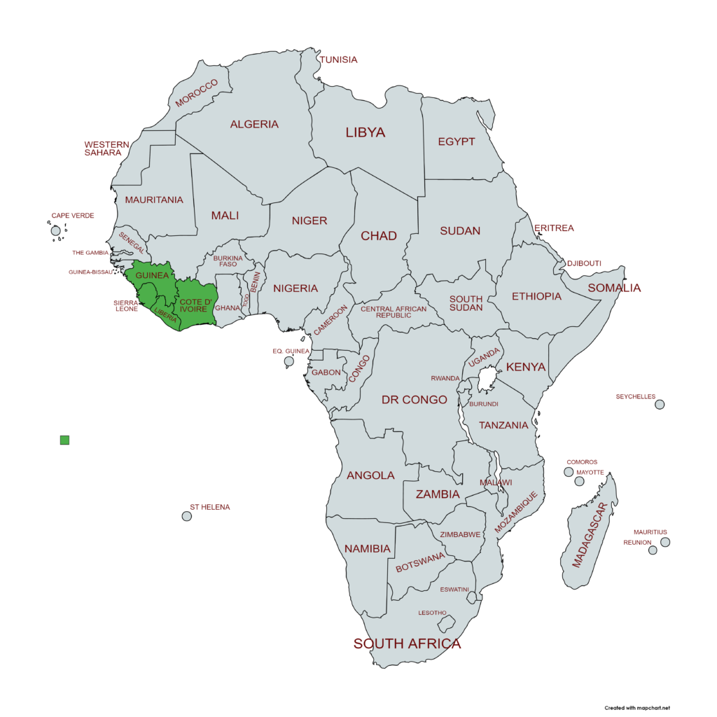 Map of Africa with the countries Guinea, Sierra Leone, Liberia & Cote d'Ivoire highlighted